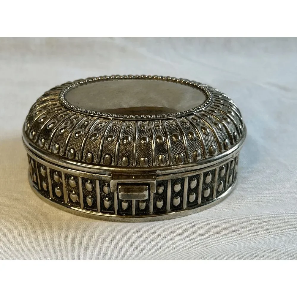 Silver Toned Small Jewelry Box, Blue Lined, 5X4, Raised Details, Classic